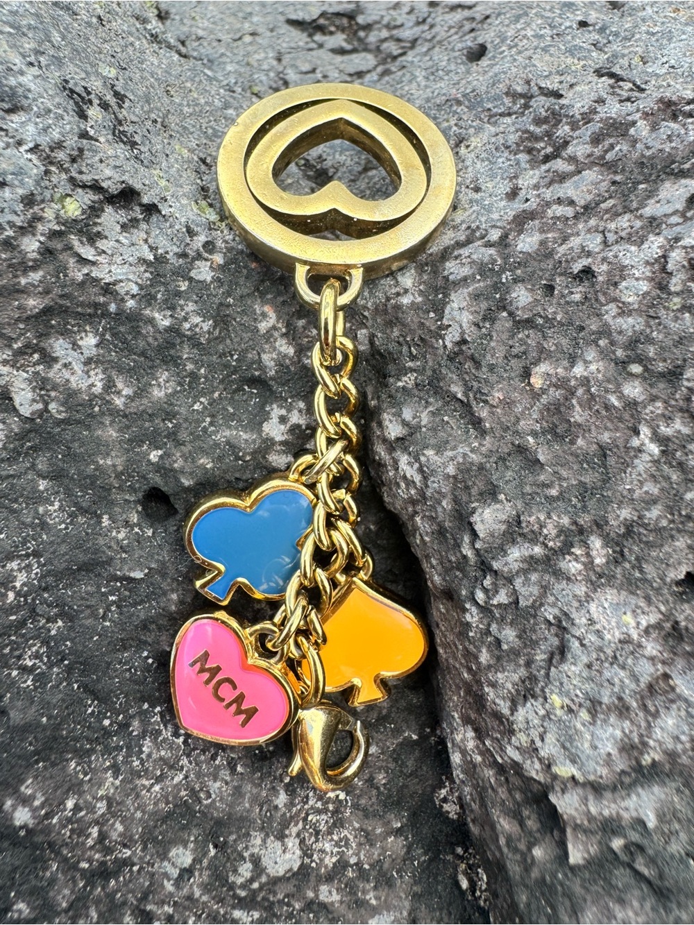 MCM Gold Tone Heart & Logo Charm Keychain Multicolor Enamel
